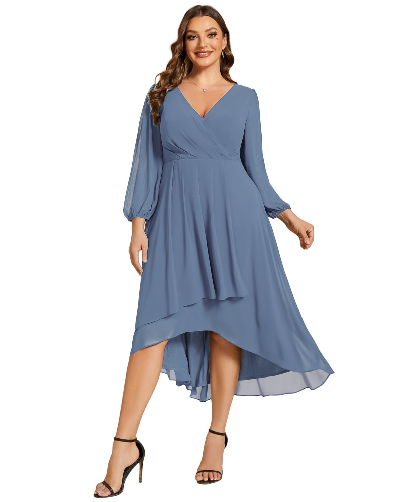 Front of a model wearing a size 12 Long Sleeves Asymmetrical Hem A-Line Midi Wedding Guest Dress in Dusty Navy by Ever-Pretty. | dia_product_style_image_id:321701